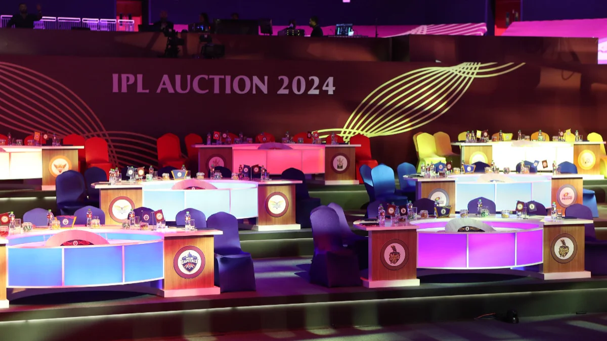 IPL auction hall with franchise tables during the player auction - IPL 2027 auction date December 16 Goa