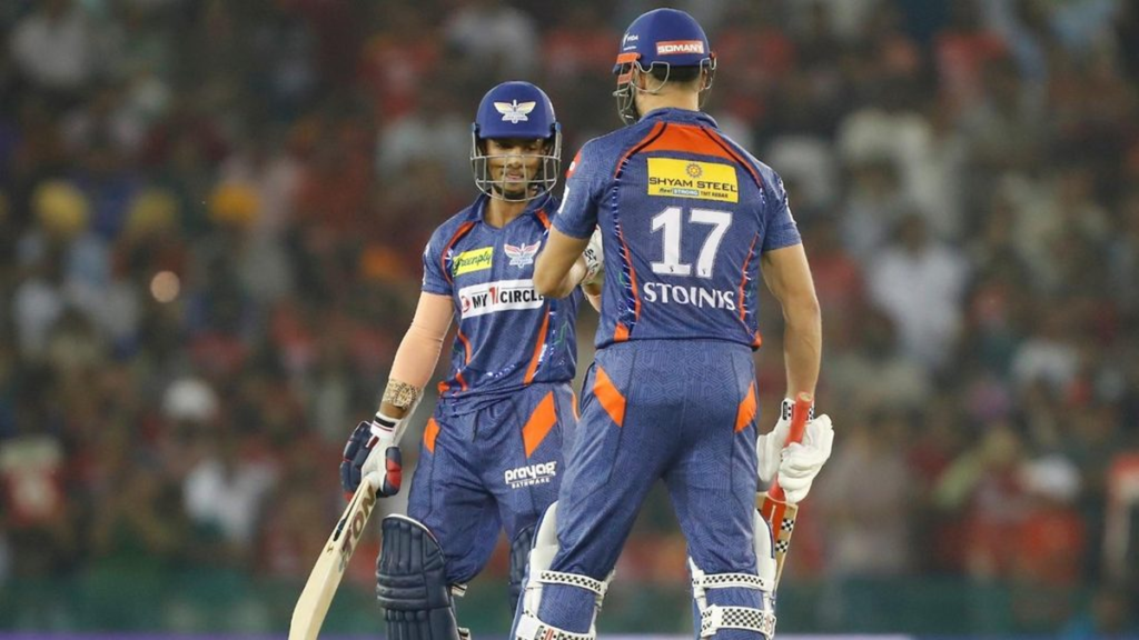 Stoinis and Mayers celebrate during the LSG highest score in IPL 257-5 record innings