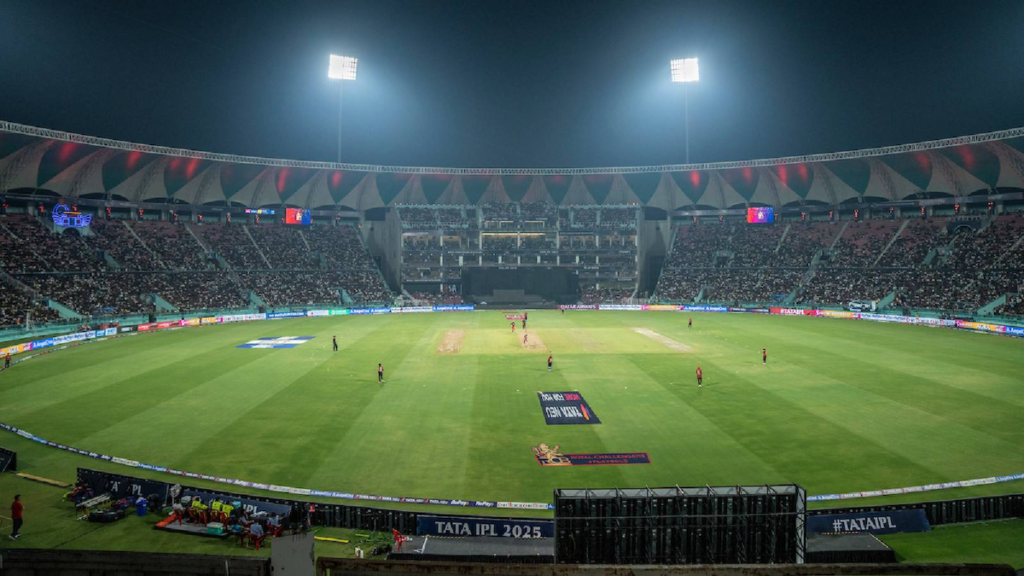 Ekana Stadium in Lucknow lit up at night, the home of many an LSG highest score in IPL innings