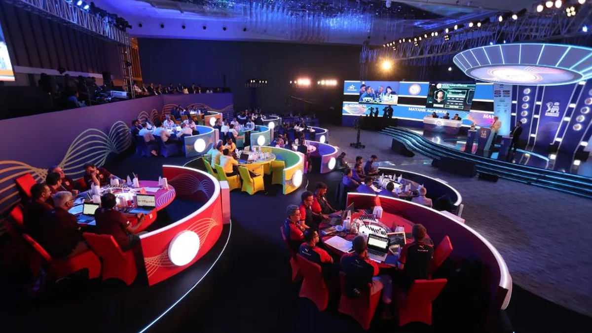 IPL auction hall with team tables in the ipl 2027 auction india coverage