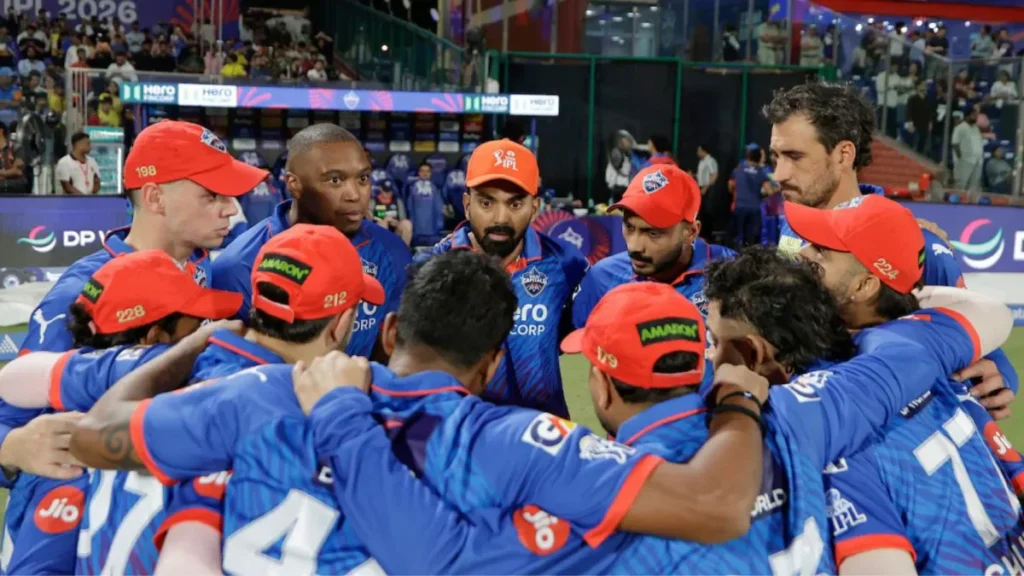 Delhi Capitals team huddle in IPL 2026 - chaminda vaas delhi capitals