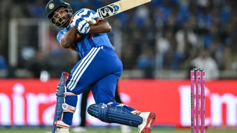 Sanju Samson bats for India in the india vs new zealand 1st t20i 2026 at Hagley Oval