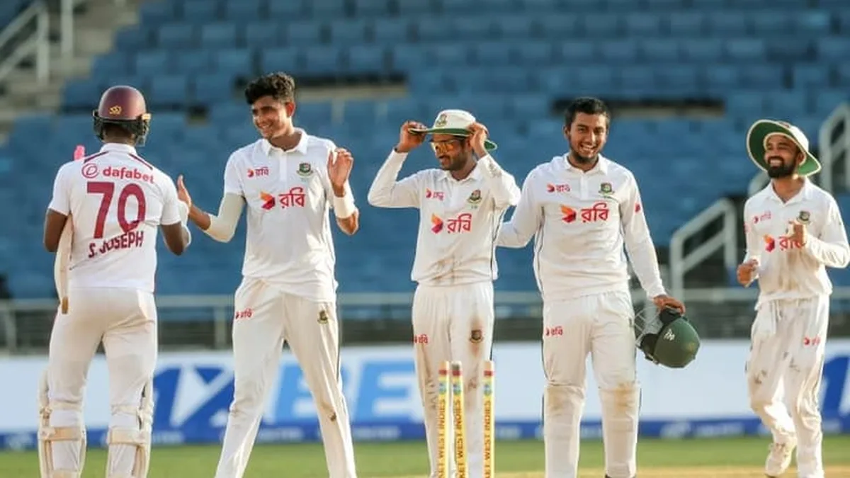 Bangladesh players celebrate a wicket against West Indies in the Bangladesh vs West Indies head to head Test rivalry