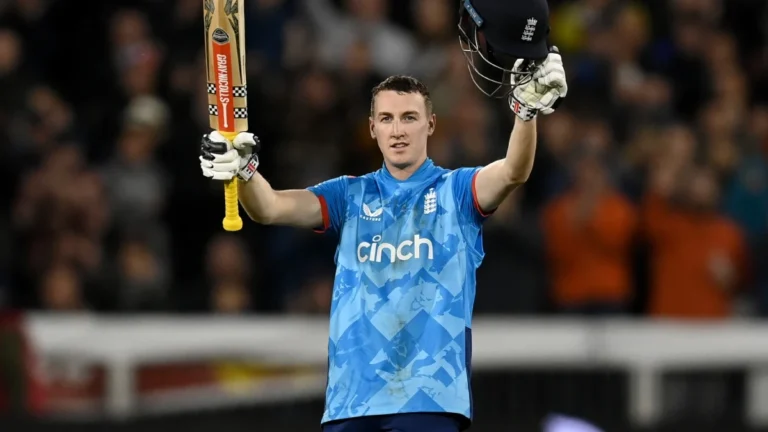 Harry Brook celebrates with bat and helmet raised in his England ODI kit. Sri Lanka vs England 430 chase