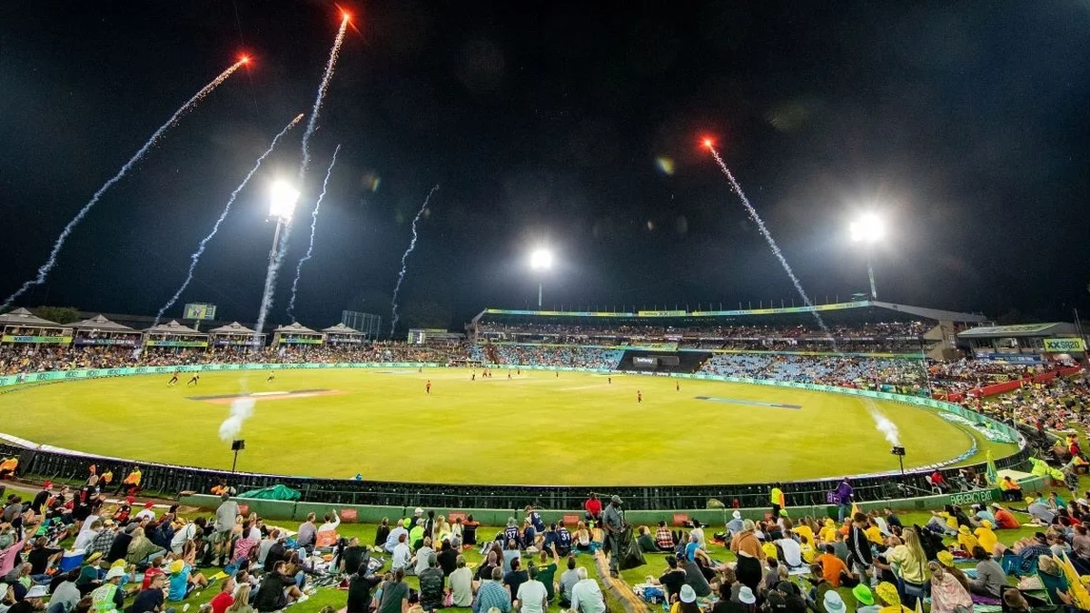 SA20 economic impact R6.5 billion - Packed SA20 stadium at night with fireworks over the stands