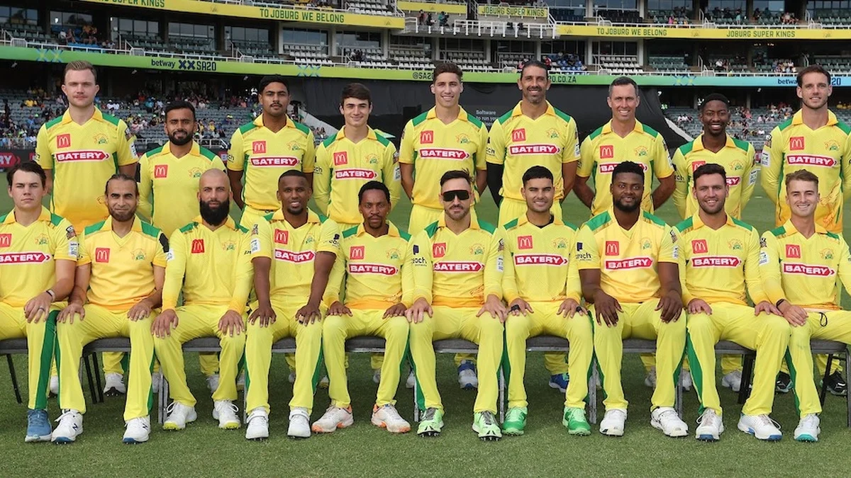 Faf du Plessis Kieron Pollard JSK - Joburg Super Kings squad team photo on the field at the Wanderers