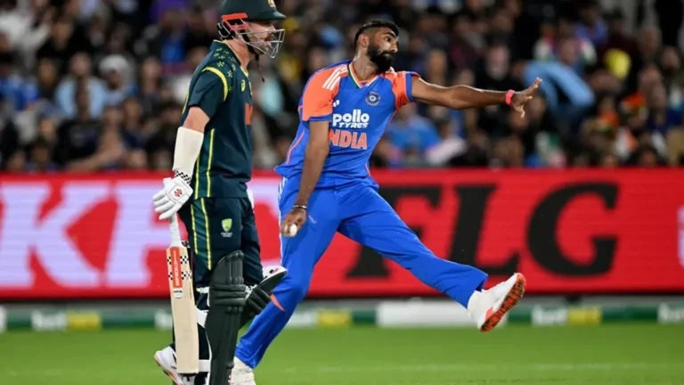 Jasprit Bumrah bowling to Australia during a T20I. India vs Australia head to head in T20I