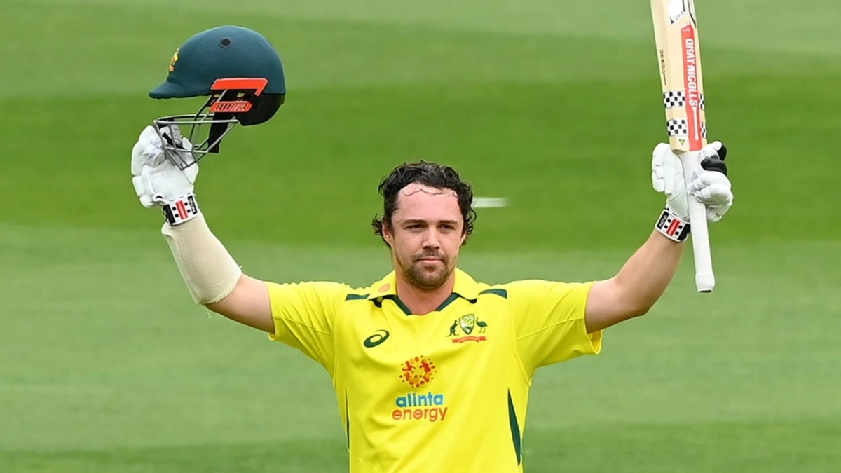 Travis Head celebrating a century in an Australia vs England head to head ODI match