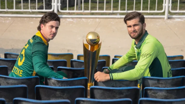 Tri-series trophy with the three captains at the launch of the Pakistan ODI Tri-Series 2026 schedule